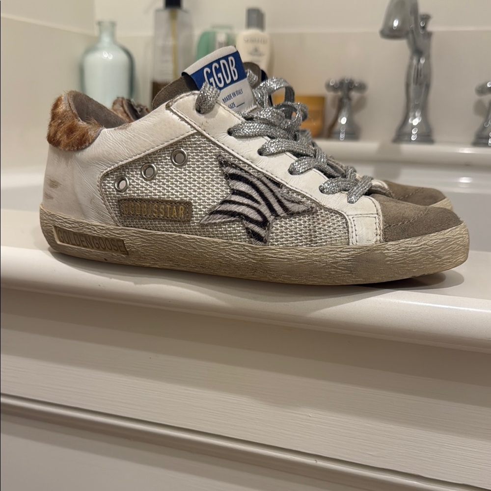 Golden Goose White and Tan Sneakers with Star Design